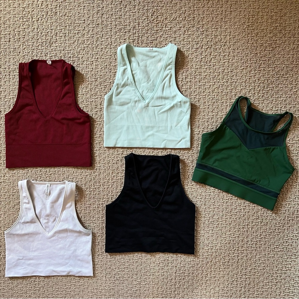 Athleta Women's V-Neck long line Bras - Burgundy, Mint, White, Black, and green.
